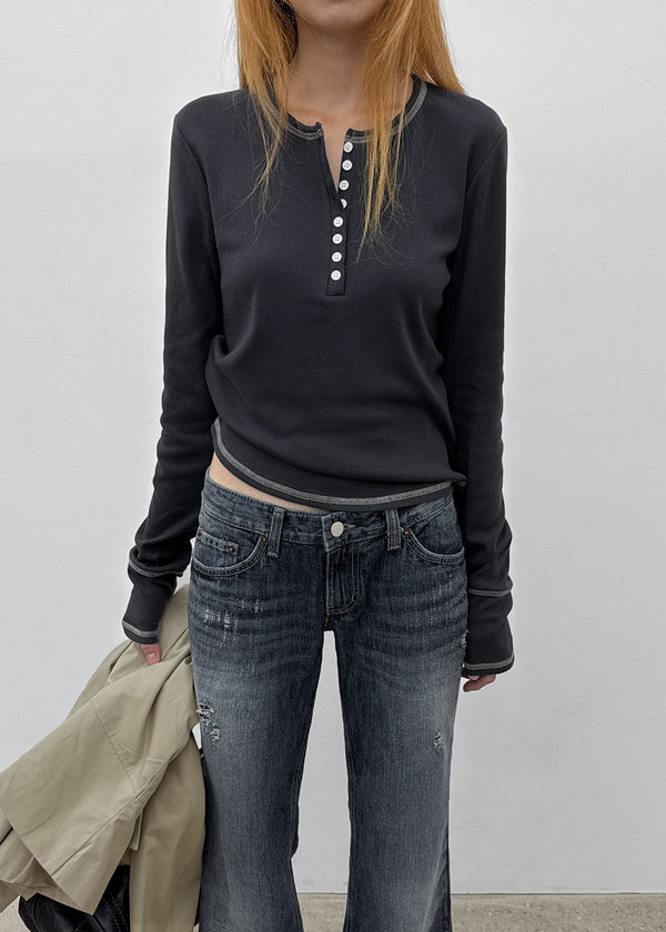 [MADE] Loate Henley Neck Stitch Long Sleeve Tee