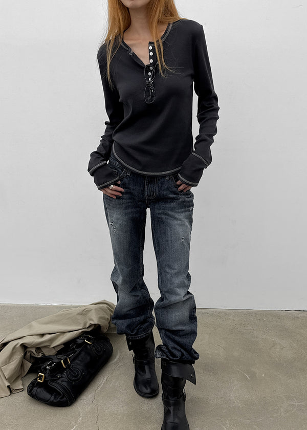 [MADE] Loate Henley Neck Stitch Long Sleeve Tee