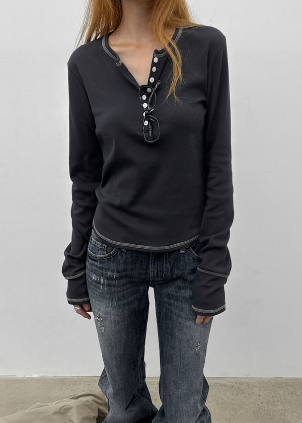 [MADE] Loate Henley Neck Stitch Long Sleeve Tee