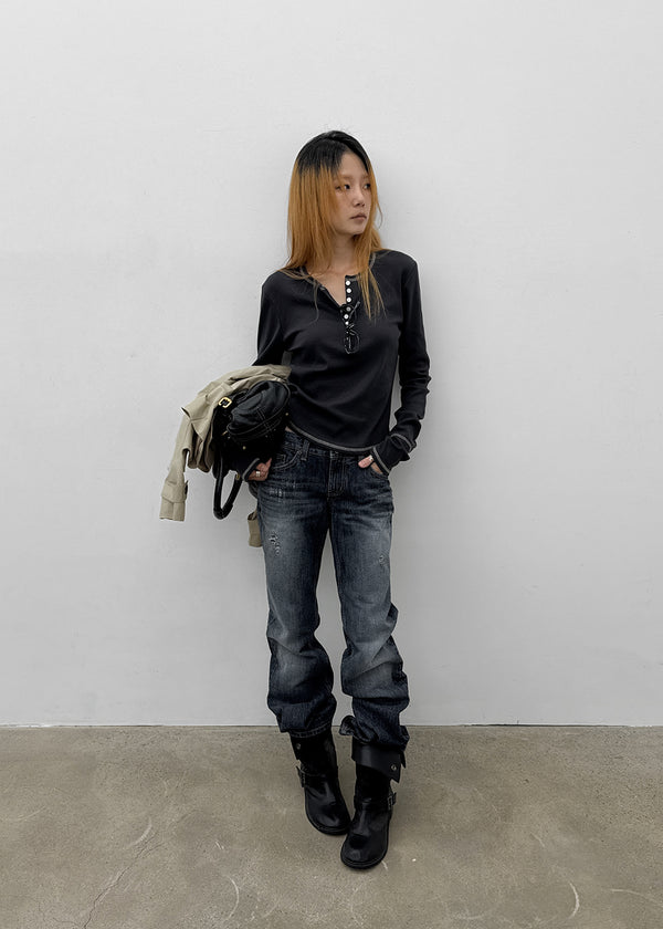 [MADE] Loate Henley Neck Stitch Long Sleeve Tee