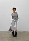 Fuzz Stripe Button V-neck Long Sleeve Tee