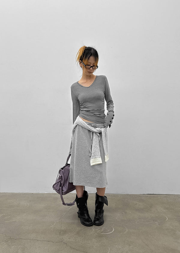 Fuzz Stripe Button V-neck Long Sleeve Tee