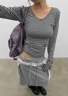 Fuzz Stripe Button V-neck Long Sleeve Tee