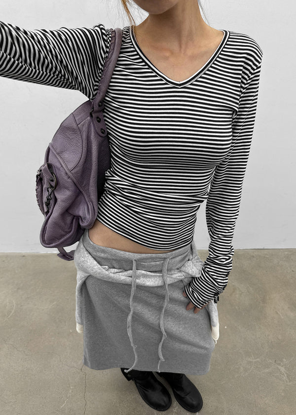 Fuzz Stripe Button V-neck Long Sleeve Tee
