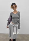 Fuzz Stripe Button V-neck Long Sleeve Tee