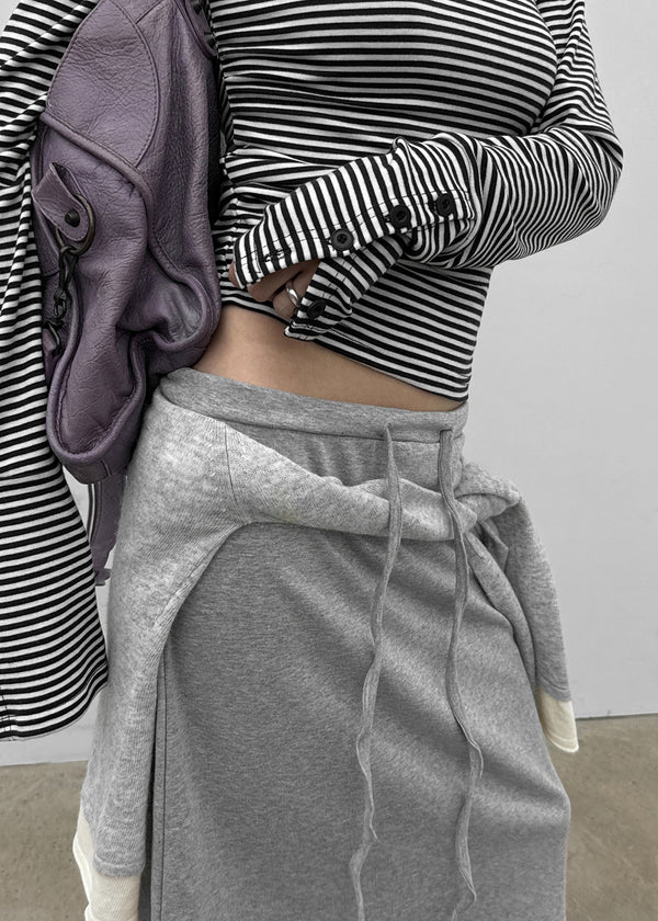 Fuzz Stripe Button V-neck Long Sleeve Tee
