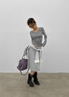 Fuzz Stripe Button V-neck Long Sleeve Tee
