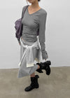 Fuzz Stripe Button V-neck Long Sleeve Tee