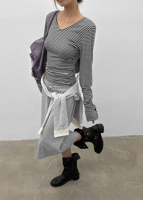 Fuzz Stripe Button V-neck Long Sleeve Tee