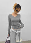Fuzz Stripe Button V-neck Long Sleeve Tee