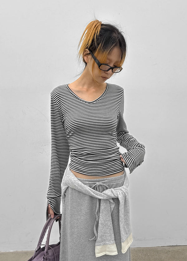 Fuzz Stripe Button V-neck Long Sleeve Tee