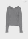 Fuzz Stripe Button V-neck Long Sleeve Tee