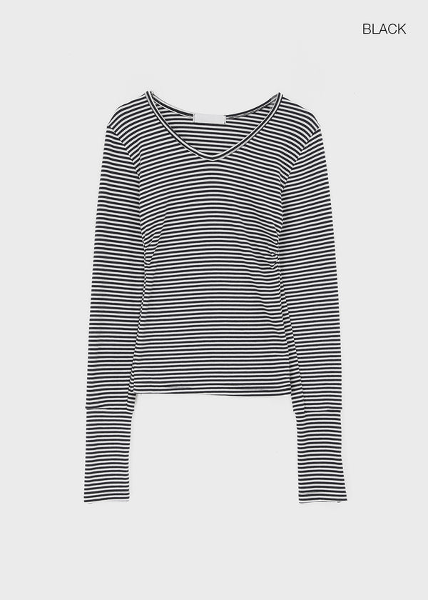 Fuzz Stripe Button V-neck Long Sleeve Tee