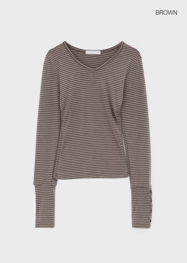 Fuzz Stripe Button V-neck Long Sleeve Tee