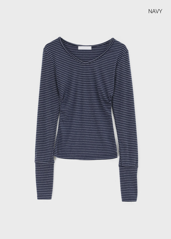 Fuzz Stripe Button V-neck Long Sleeve Tee