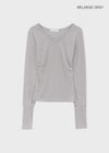 Fuzz Stripe Button V-neck Long Sleeve Tee