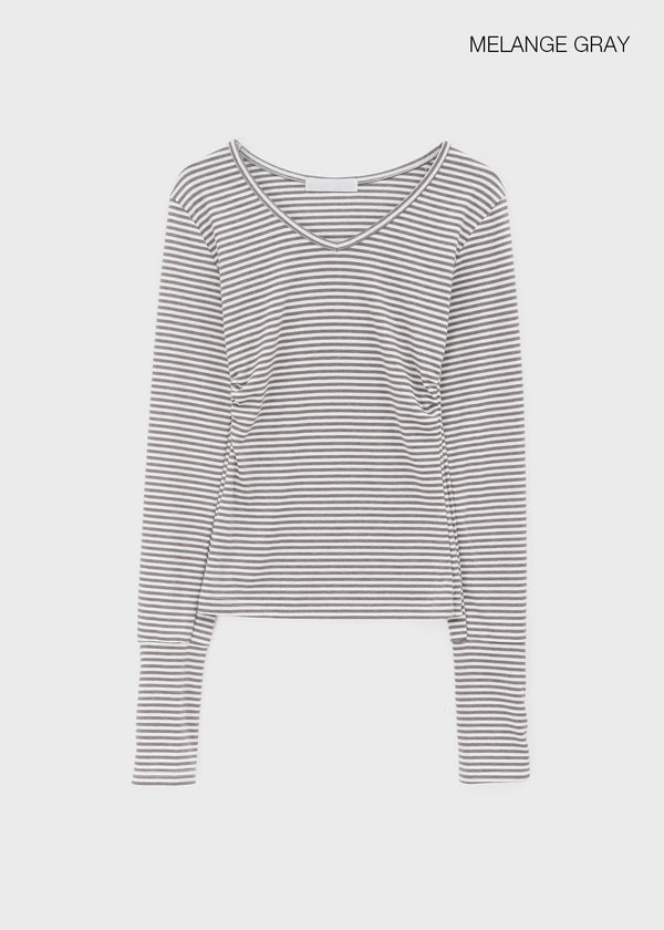 Fuzz Stripe Button V-neck Long Sleeve Tee