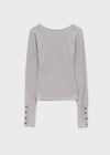 Fuzz Stripe Button V-neck Long Sleeve Tee