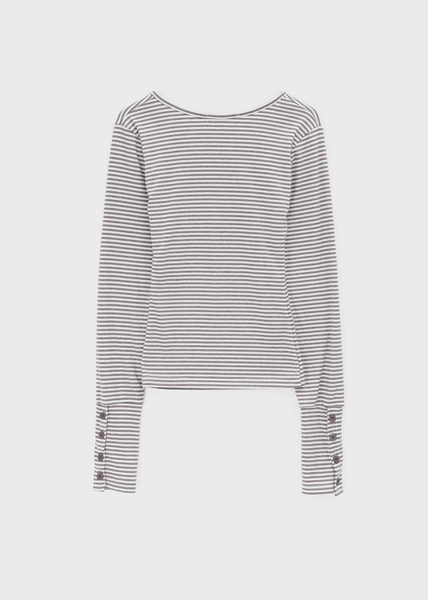 Fuzz Stripe Button V-neck Long Sleeve Tee