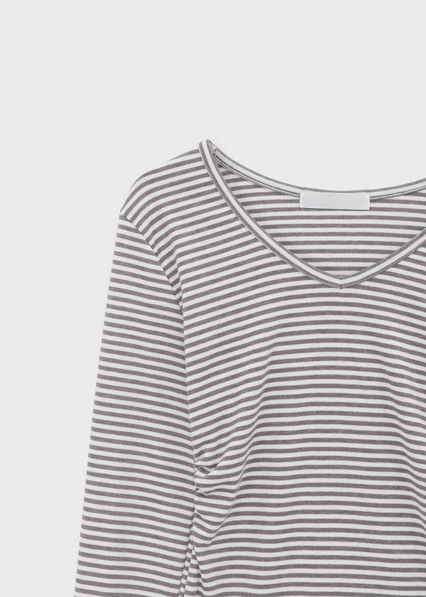 Fuzz Stripe Button V-neck Long Sleeve Tee