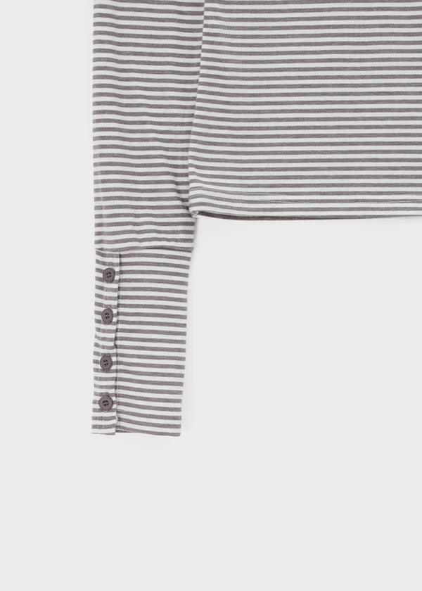 Fuzz Stripe Button V-neck Long Sleeve Tee