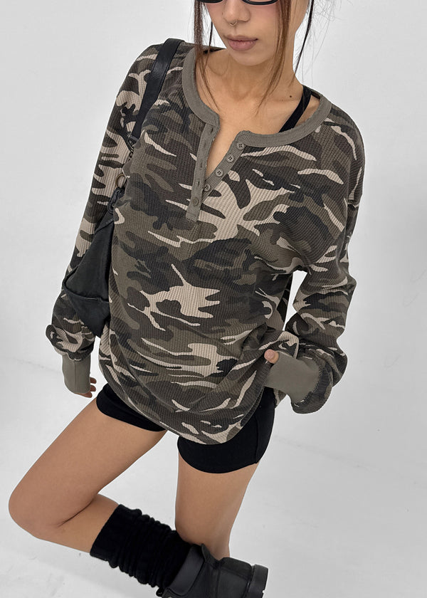[MADE] Paette Camo Waffle Henley Neck Long Sleeve Tee