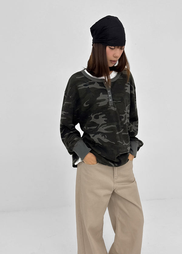 [MADE] Paette Camo Waffle Henley Neck Long Sleeve Tee