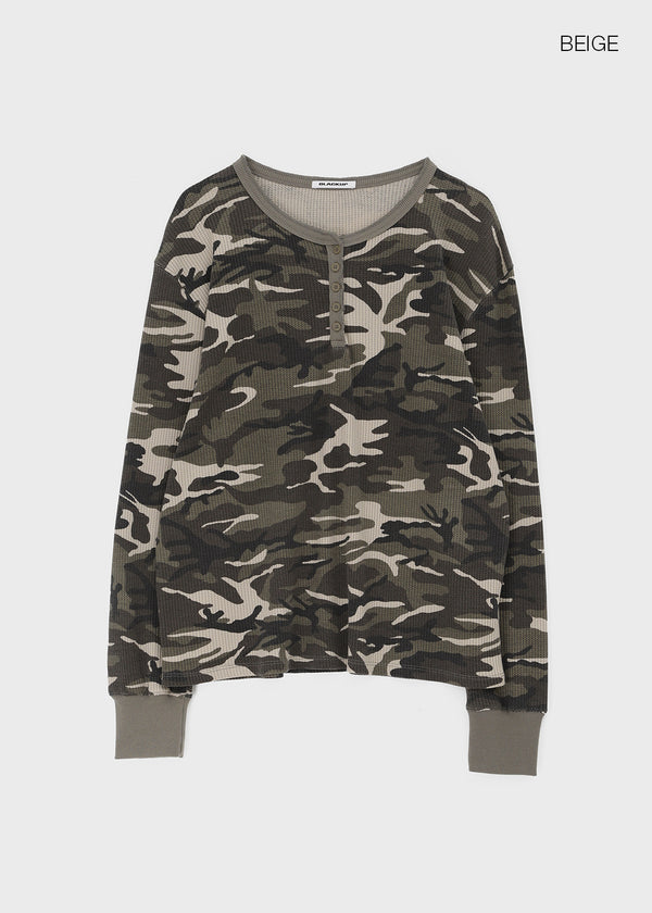 [MADE] Paette Camo Waffle Henley Neck Long Sleeve Tee