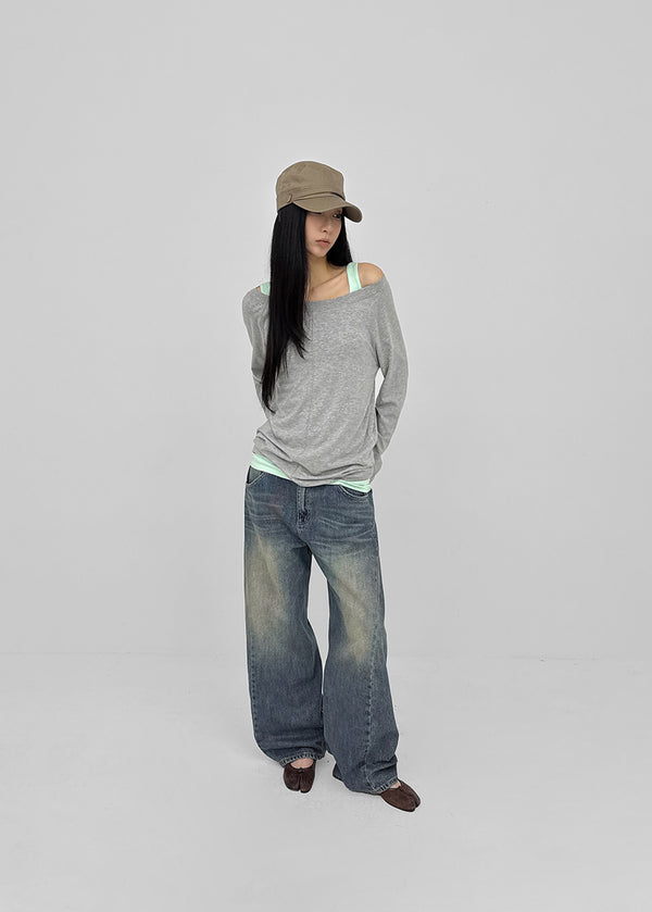 Gel mesh cut-out wide denim pants