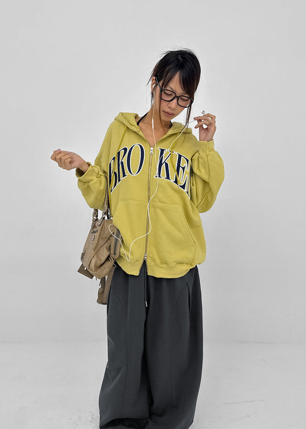 Hey Embroidered Oversized Two-Way Zip-Up Hoodie