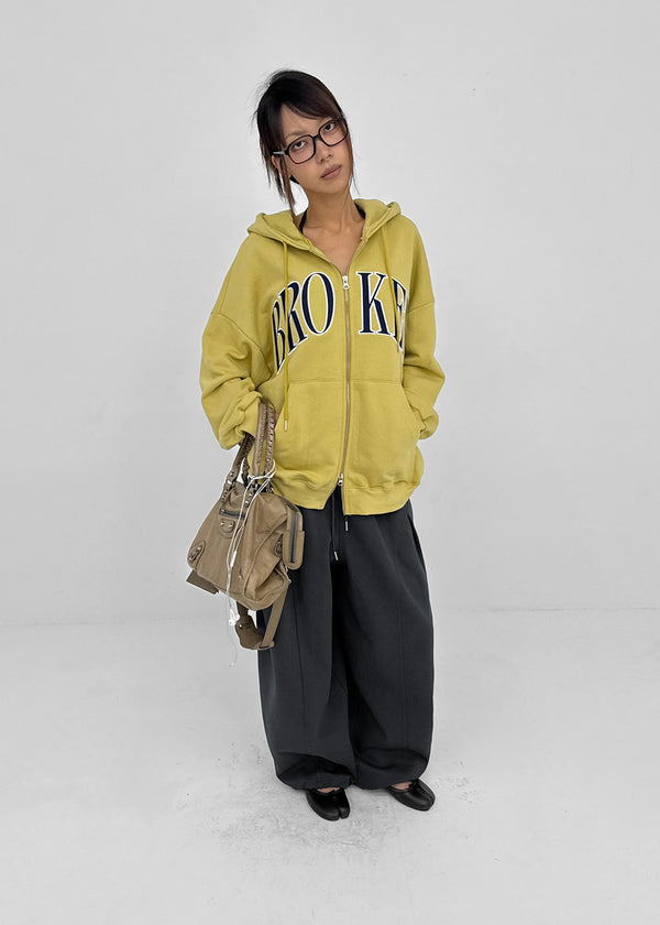 Hey Embroidered Oversized Two-Way Zip-Up Hoodie