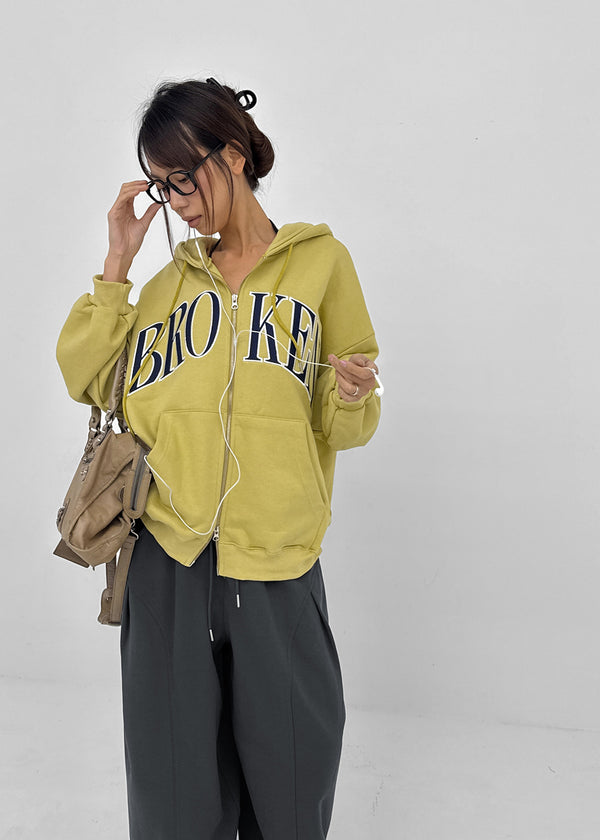 Hey Embroidered Oversized Two-Way Zip-Up Hoodie