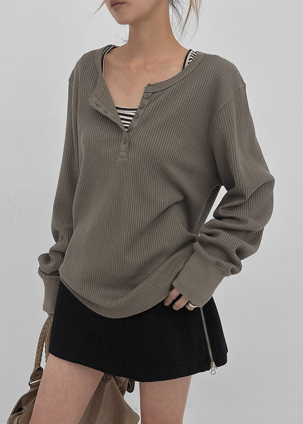 [MADE] The Nell Waffle Henley Neck Long Sleeve Tee