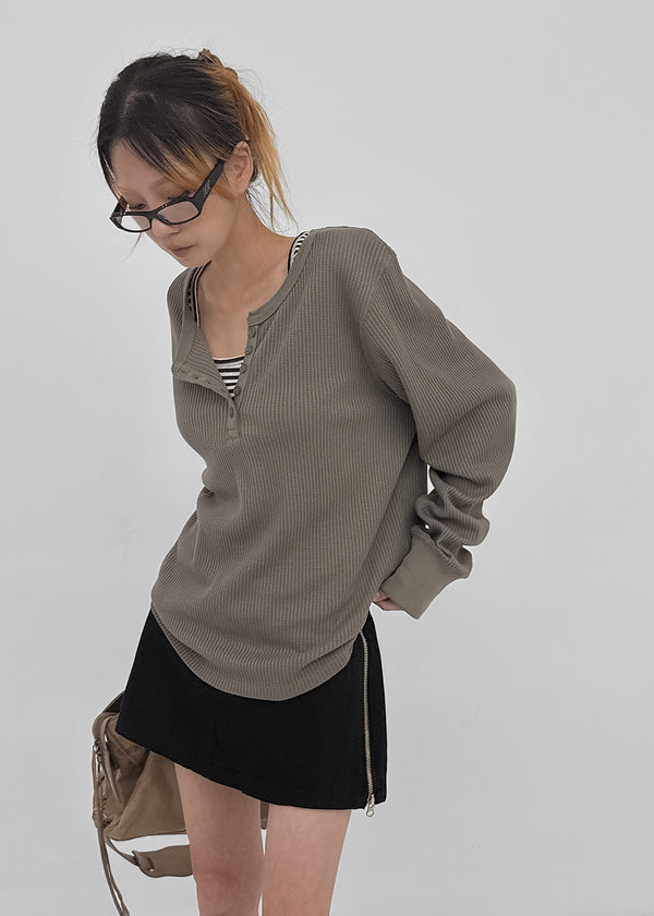 [MADE] The Nell Waffle Henley Neck Long Sleeve Tee