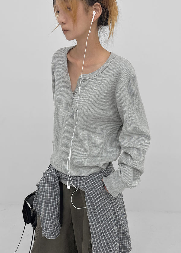 [MADE] The Nell Waffle Henley Neck Long Sleeve Tee