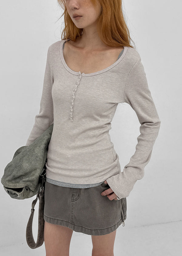 [MADE] Jane Henley Neck Ribbed Long Sleeve Tee