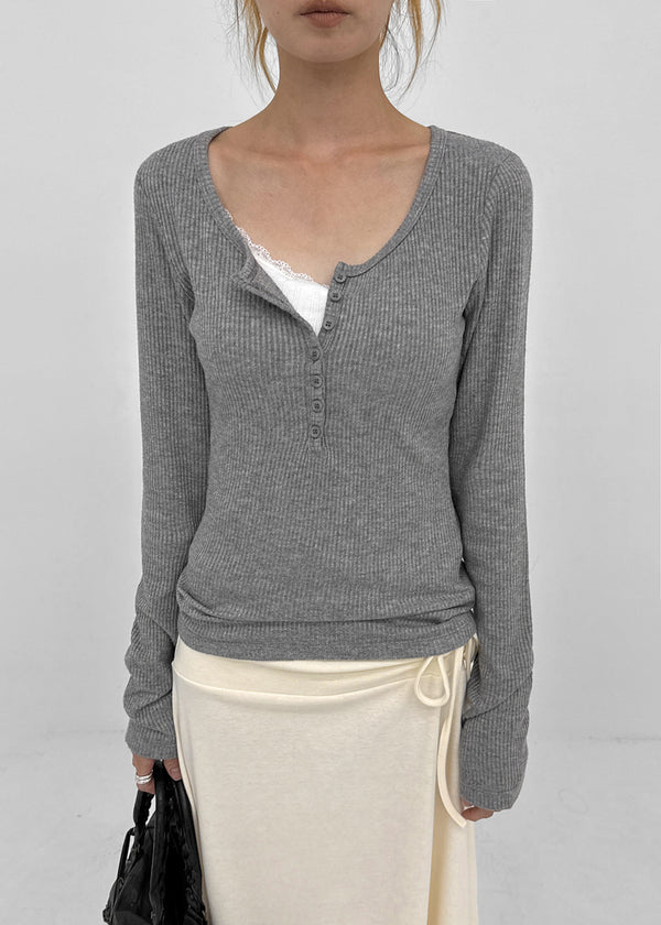 [MADE] Jane Henley Neck Ribbed Long Sleeve Tee