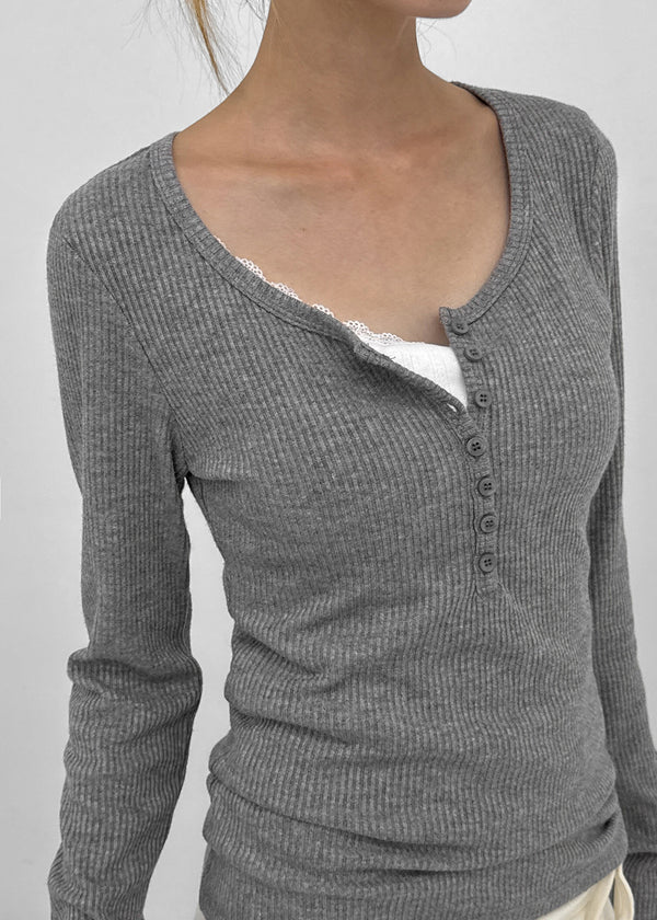 [MADE] Jane Henley Neck Ribbed Long Sleeve Tee