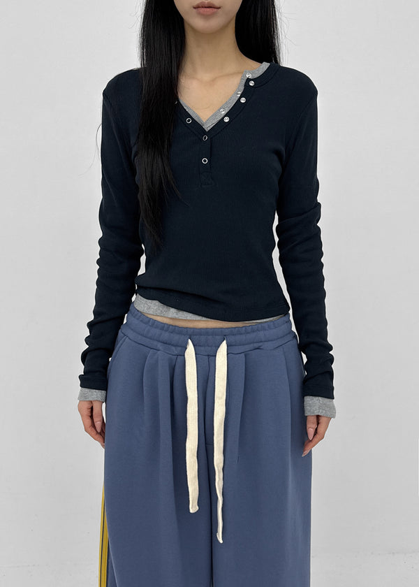 Tenkeylit V-neck Button Long Sleeve T-shirt