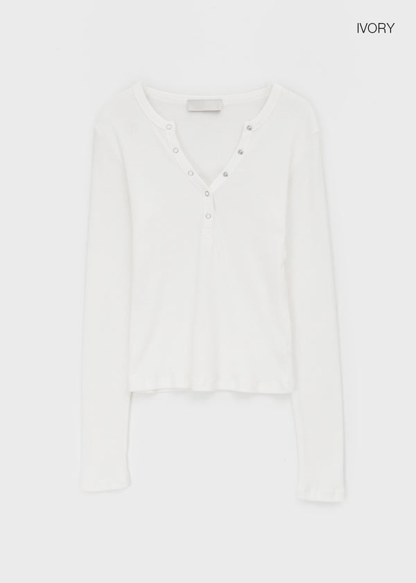 Tenkeylit V-neck Button Long Sleeve T-shirt