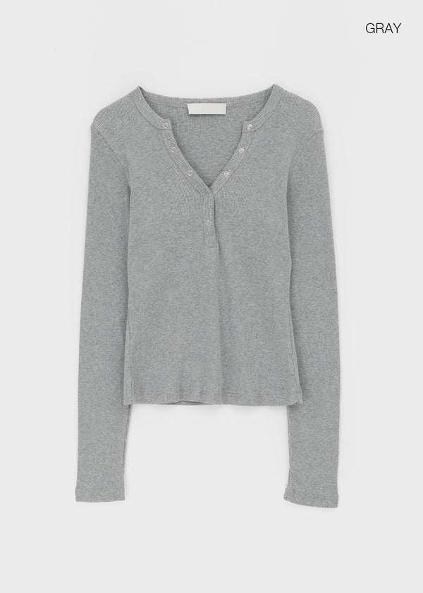 Tenkeylit V-neck Button Long Sleeve T-shirt