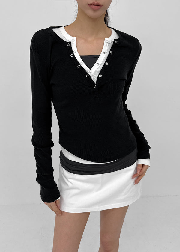 Tenkeylit V-neck Button Long Sleeve T-shirt