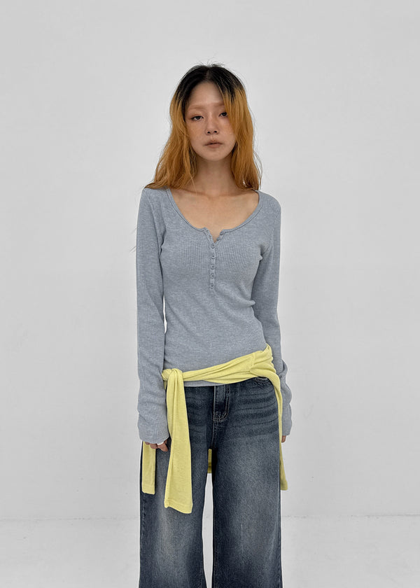 [MADE] Jane Henley Neck Ribbed Long Sleeve Tee