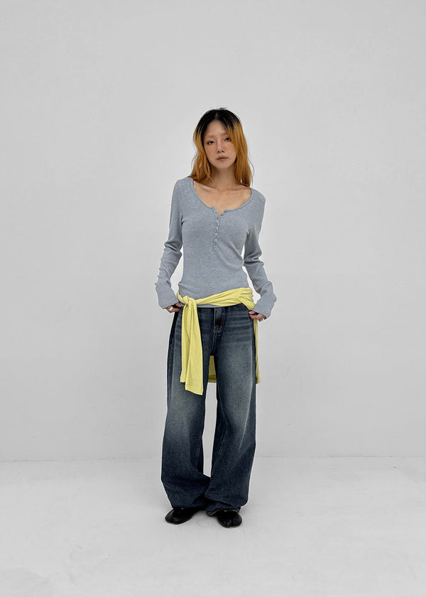 [MADE] Jane Henley Neck Ribbed Long Sleeve Tee