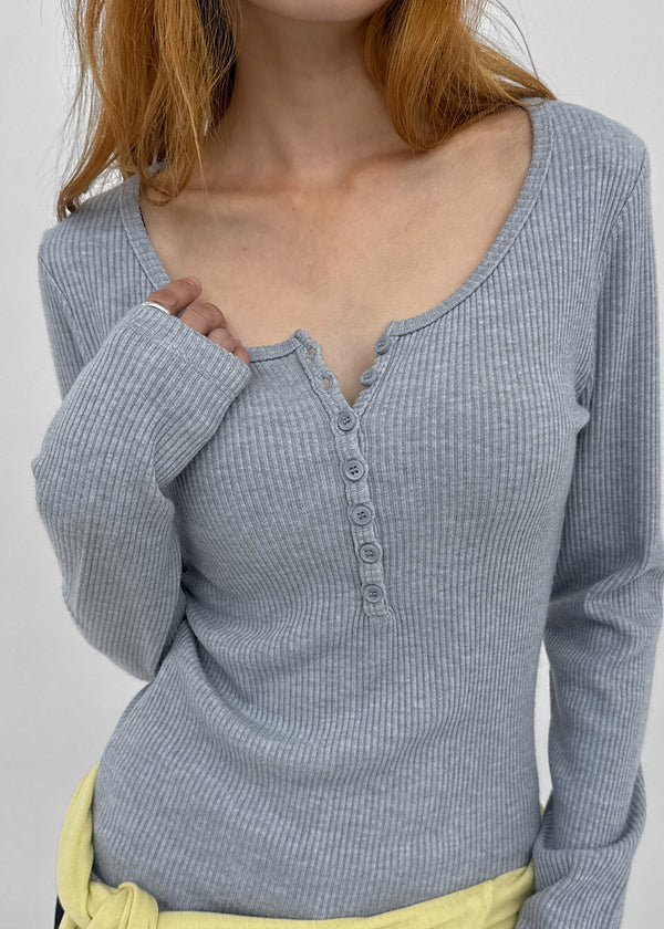 [MADE] Jane Henley Neck Ribbed Long Sleeve Tee