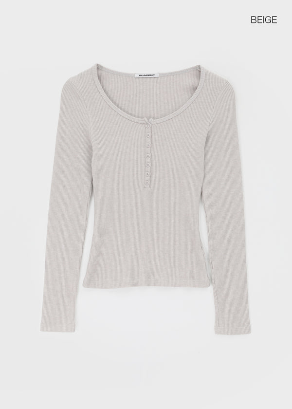 [MADE] Jane Henley Neck Ribbed Long Sleeve Tee