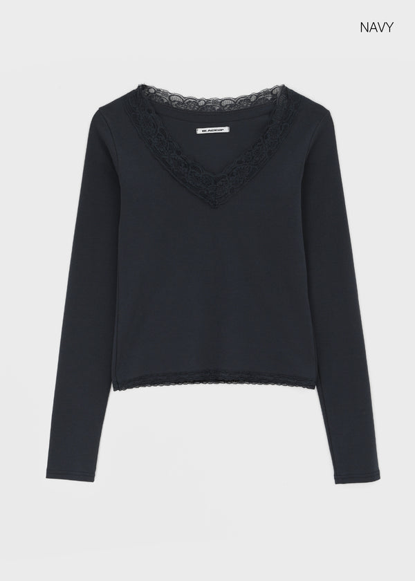 [MADE] Beo Lace Deep V-Neck Long Sleeve Tee