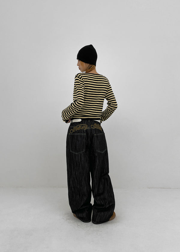 Rie Lettering Wide Raw Denim Pants