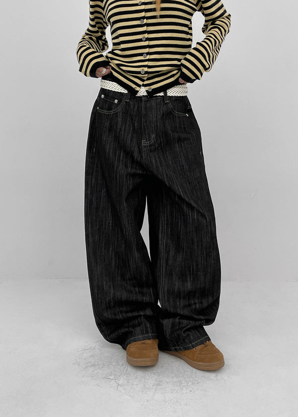 Rie Lettering Wide Raw Denim Pants
