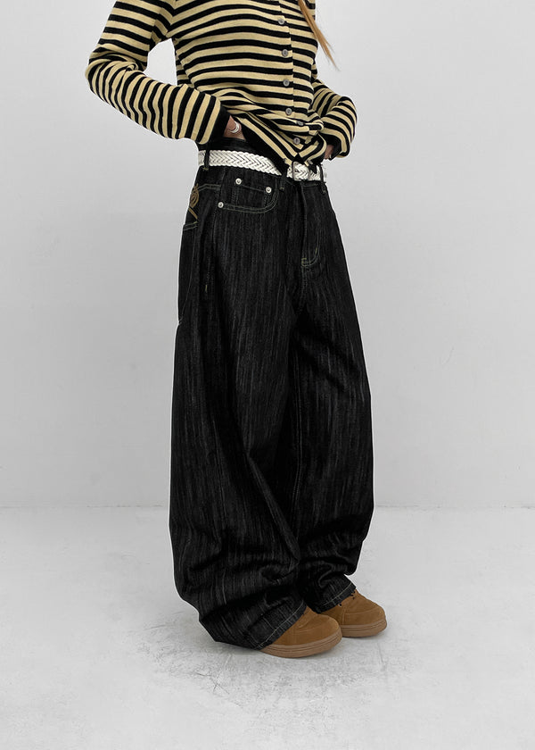 Rie Lettering Wide Raw Denim Pants